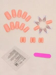 24入組短方形閃亮美甲貼片，附贈美甲文件和果凍矽膠黏劑，即貼即用美甲用品 - 彩色 - 查看 3