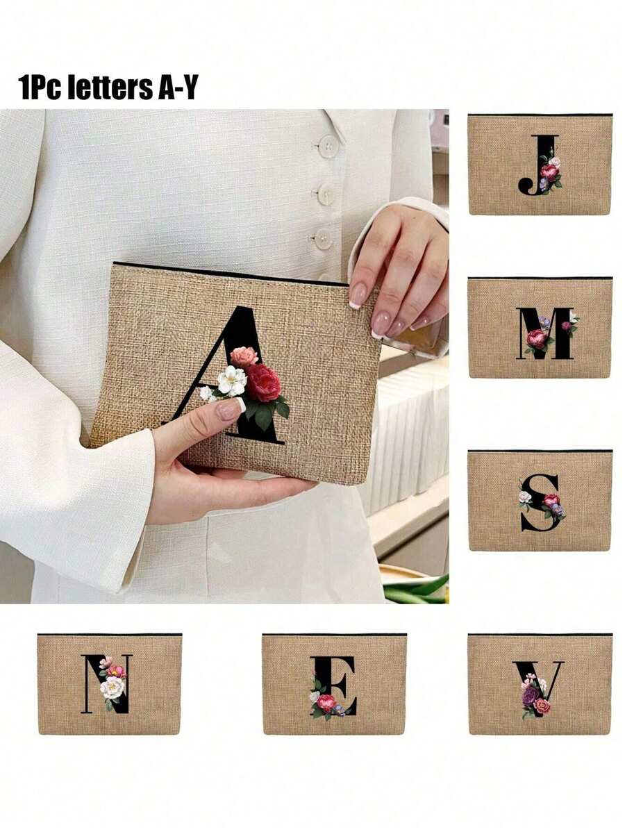 Initial Floral Printed Linen Zipper Bag With Coin Purse Makeup Bag Teacher Appreciation Gift Birthday Gift Travel Storage Bag: The Perfect Choice For Outdoor Beauty! It Is A Gift Mothers Teachers Friends Bridesmaids Valentine's Day Gifts Students Returning To School Teachers Suitable Daily Use Birthdays Holidays Vacations Beaches Travel Commuting Business Picnics Camping Supermarkets Daily Storage For Women Wallet Mini Wallet Purse Wallet Coin Wallet - Khaki - View 1