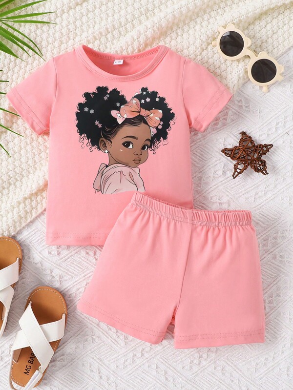 Baby Girl Cute Figure Printed Short Sleeve Top And Shorts Set For Summer