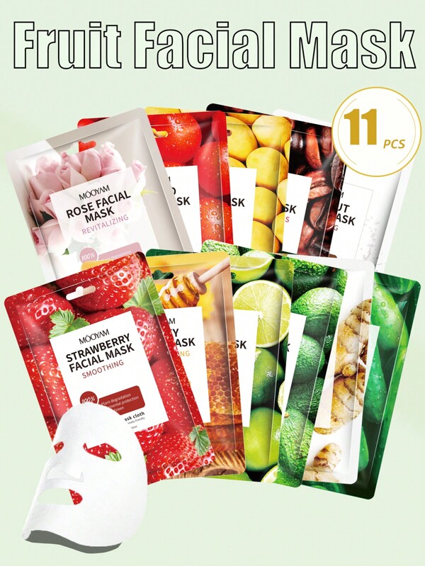 MOOYAM Mascarilla de frutas iluminadora de 11piezas, colección de frutas frescas, mascarilla facial de fresa, rosa, cúrcuma, mantequilla de mango, coco, tomate, lima, pepino, café y miel, hidratante, humectante, antienvejecimiento, iluminadora y calmante, receta coreana de mascarilla facial para mujeres y hombres, cuidado de la piel y cuidado facial