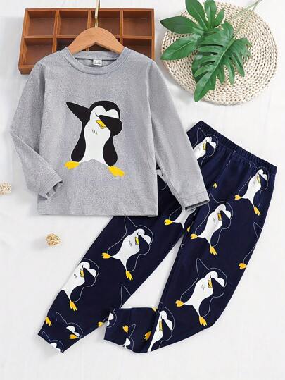 2 piezas Camiseta de manga larga ligera con cuello redondo y estampado de pingüino lindo, talla grande pantalones joggers ligeros de cintura elástica para niño preadolescente, ropa de primavera casual elegante. Ropa de estar en casa y pijama de niño preadolescente para primavera, ropa de otoño, atuendo cómodo para vacaciones, atuendo de verano transpirable.