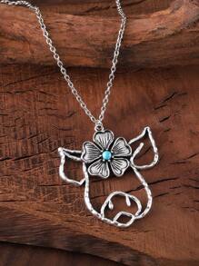 Vintage Western Style Ox Head Flower Turquoise Hollow Pendant Necklace Women Bohemian Farmhouse Personalized Necklace Gift For Her Valentines,Mom,Mother,Mother's Day,Gift