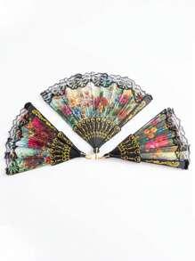 3/6/12 chiếc Quạt gấp trang nhã viền ren màu đen, Quạt cầm tay bằng vải lụa cổ điển mùa hè, lý tưởng khi đi du lịch, biểu diễn sân khấu, tiệc tùng, quà tặng cho gia đình và bạn bè vào các ngày lễ và sinh nhật - Quạt hoa ren lụa đen - Xem 9