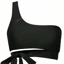 Women's Asymmetric Bandeau Bikini, Black Swimwear Top With Cut-Out And One Shoulder, Side Tie Summer