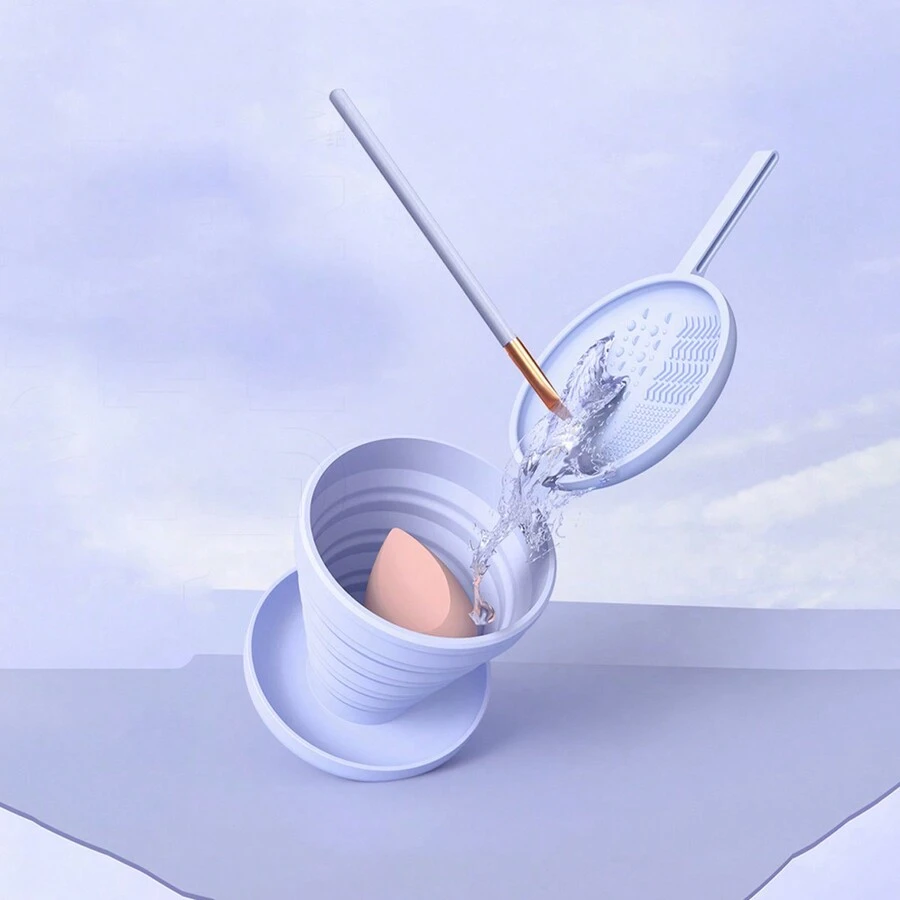 1入組矽膠可摺疊化妝刷清洗工具手環，附帶美容蛋清潔器和收納盒