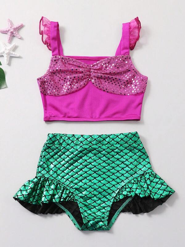 Young Girl Purple Sparkly Mermaid Scale Printed Cute Bikini Set Summer Beach