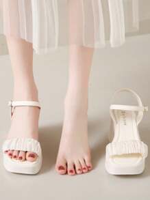 2026 New Lightweight Thick-Soled Ruched Fashion High Heel Sandals, Soft Mesh Material, Lightweight & Fashionable High Heel Increase Height Sandals, All Season, Plus Size Women High Heel Sandals, Comfortable & Beautiful Sexy Low Price Shoes, Women's High Heel Sandals, Wedge Heel Design, Gold Buckle