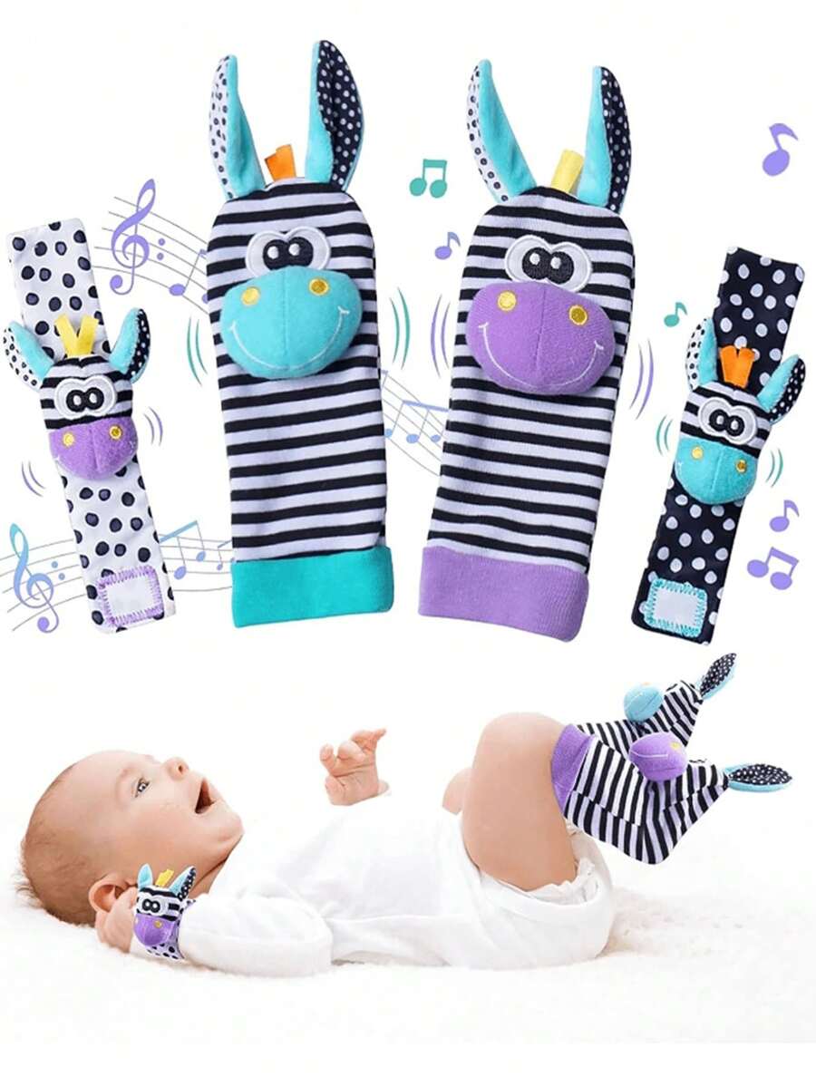 4 件装婴儿摇铃玩具驴腕摇铃和脚探测器袜子套装，婴儿早期教育和娱乐
