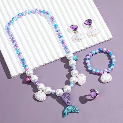 1Set Mermaid Tail Faux Pearl Pendant Necklace, Bracelet, Ring And Earrings Set,Perfect For Mermaid Parties & Costumes! Mermaid Party Theme Small Gifts,Party Small Gifts