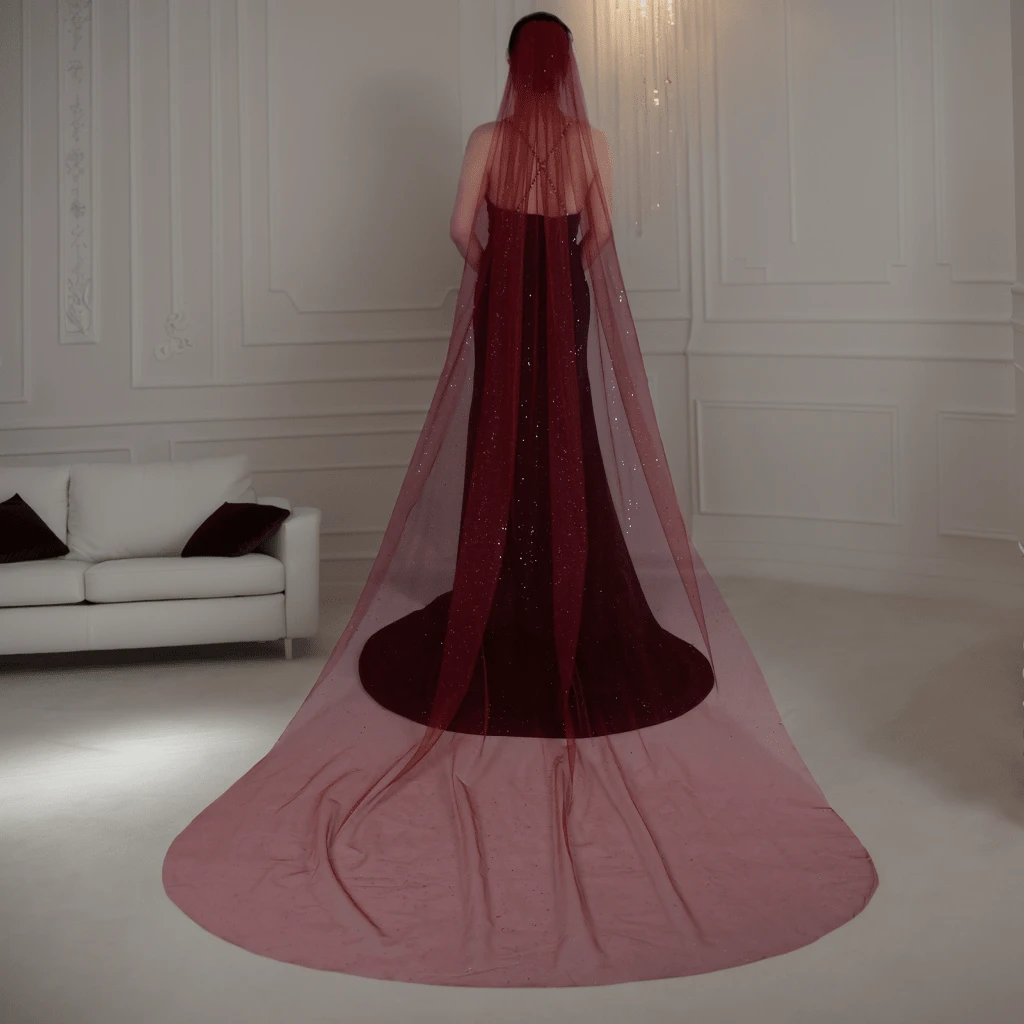 1pc Pure Handmade Burgundy Gold-Stamped Head Veil For Wedding, Stage Performance Or Other Occasions Fall Clothes For Women - Multicolor - View 1