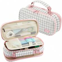 Dual Side Pencil Case Large Capacity Pencil Case Organizer; Double Zipper Storage Bag; Big Pencil Pouch - 格子白 - 查看 1