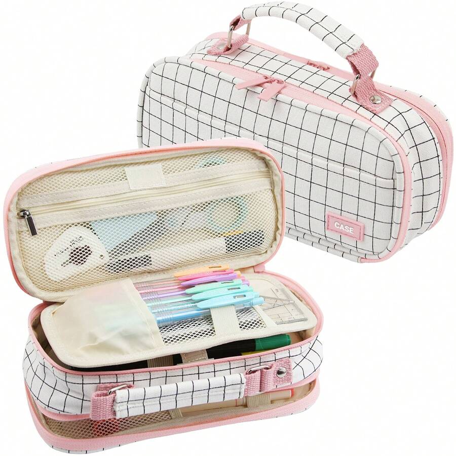 Dual Side Pencil Case Large Capacity Pencil Case Organizer; Double Zipper Storage Bag; Big Pencil Pouch - 格子白 - 查看 1