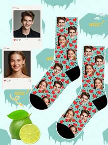 1 par de calcetines de media pantorrilla para mujeres con impresión personalizada de texto y rostro, diseño personalizado de foto y rostro divertido para parejas, regalo de San Valentín, cumpleaños y otras ocasiones