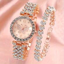 2pcs/Set Elegant Butterfly Quartz Watch, Luxurious Stainless Steel Bracelet Watch And Wristband, Suitable As Women's Gift - Rose Gold - View 1