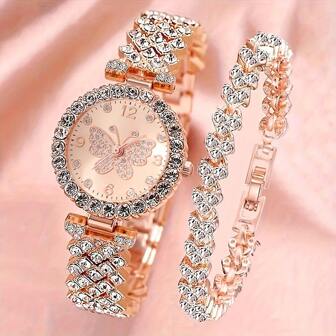 2pcs/Set Elegant Butterfly Quartz Watch, Luxurious Stainless Steel Bracelet Watch And Wristband, Suitable As Women's Gift