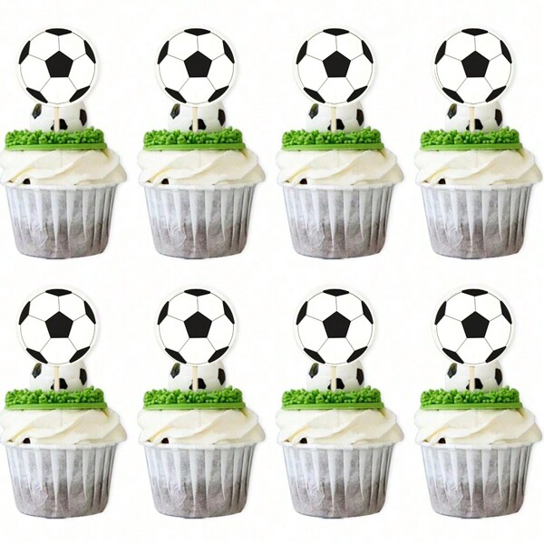 24pcs Black & White Football Design Cupcake Toppers Toothpick Sandwich Picks, Thick Paper Double-Sided Print Birthday Cake Decoration Insert Cards,Christmas