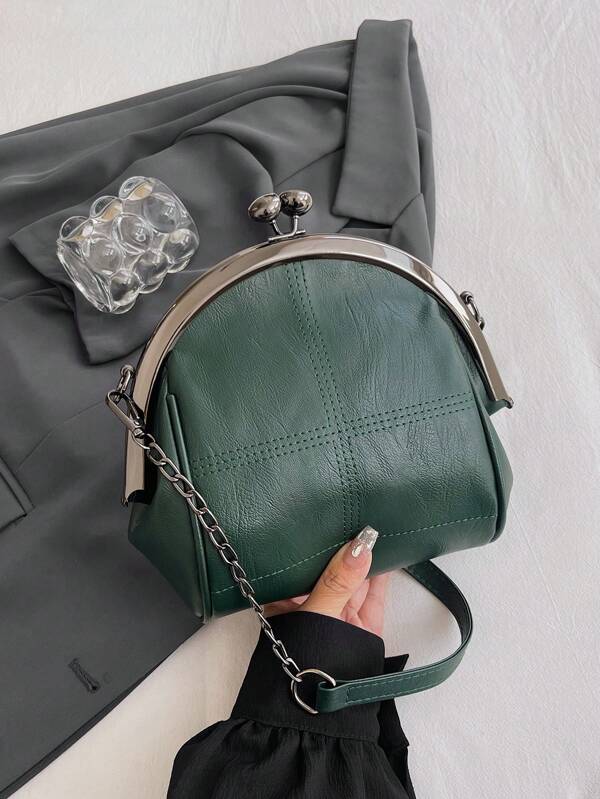 Leisure Retro Dark Green PU Clip Bag With Dual Metal Chain Shoulder Crossbody Large Capacity Women's Bag