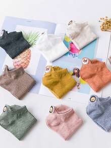 5對/組女童卡通狗刺繡休閒夏季低口襪，透氣舒適吸汗，日系款式 - 黑色 - 查看 2