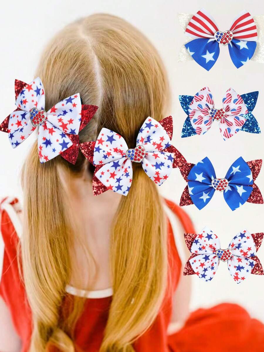 2 件随机款式新款儿童美国蝴蝶结发夹，美国独立日装饰性鳄鱼发夹带亮片，闪光双层燕尾夹，适合日常佩戴、摄影和送礼 - 彩色 - 查看 1