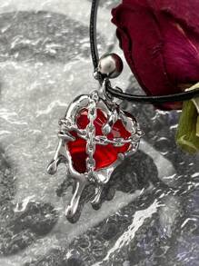 1 szt. Styl gotycki ciemnoczerwony kamień szlachetny uwięzione serce lawa wisiorek w kształcie łezki naszyjnik dla kobiet, urodziny/prezent festiwalowy - Czerwony - Zobacz 2