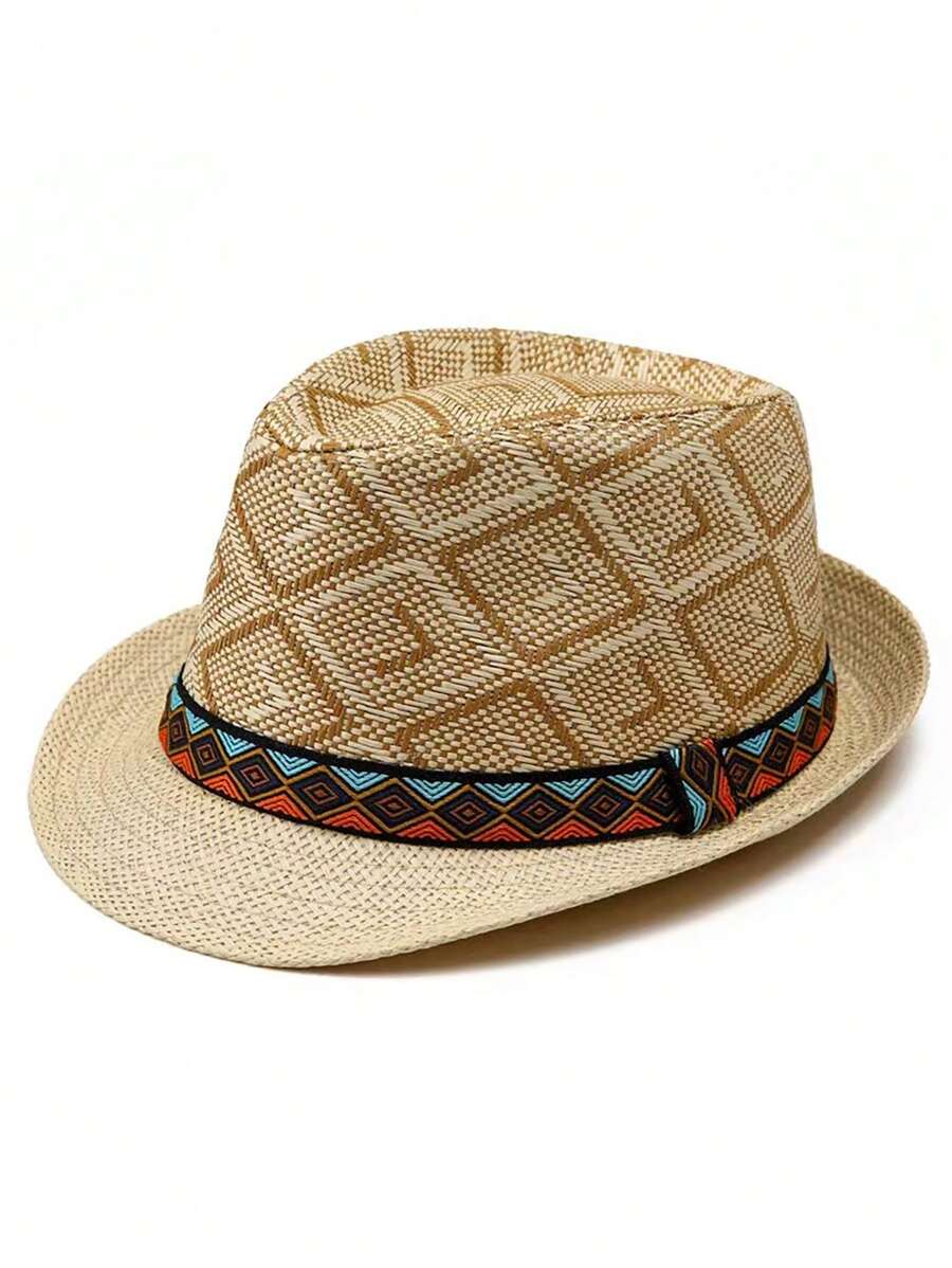 1頂男士復古爵士帽,波西米亞風潘那馬帽,遮陽帽,適合旅遊和戶外活動 - 卡其色 - 查看 1