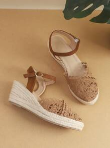 Women's High Heel Wedge Sandals With Thick Bottom, Lace-Up Straps, Silk Ribbon, Woven & Hollow Out Design, Fashionable Fisherman Slippers