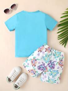 Bộ 2 cô gái trẻ thường ngày dễ thương 3D Rùa in áo thun ngắn tay và quần short, mùa hè - Màu xanh lam - Xem 2
