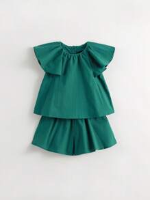 MARC&JANIE 2pcs Young Girl Sweet Cute Ruffle Cap Sleeve Round Neck Top And Shorts Set For Summer - Green - View 1