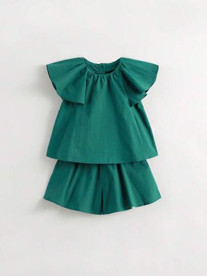 MARC&JANIE 2pcs Young Girl Sweet Cute Ruffle Cap Sleeve Round Neck Top And Shorts Set For Summer