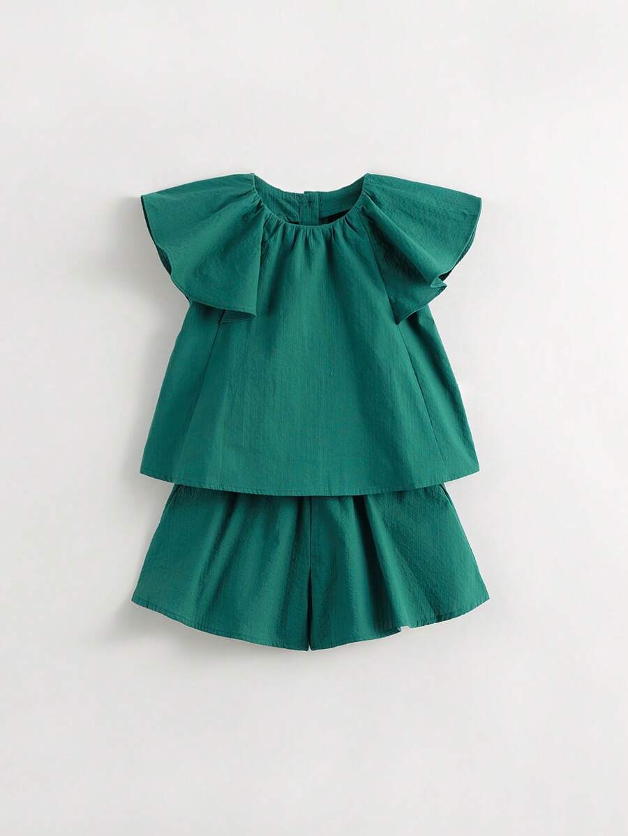 MARC&JANIE 2pcs Young Girl Sweet Cute Ruffle Cap Sleeve Round Neck Top And Shorts Set For Summer - Green - View 1