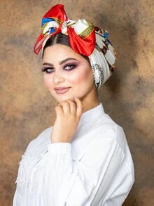 1pc Women's Satin Printed Square Scarf, Chain Pattern Headscarf Bandana Hijab - Red - View 2