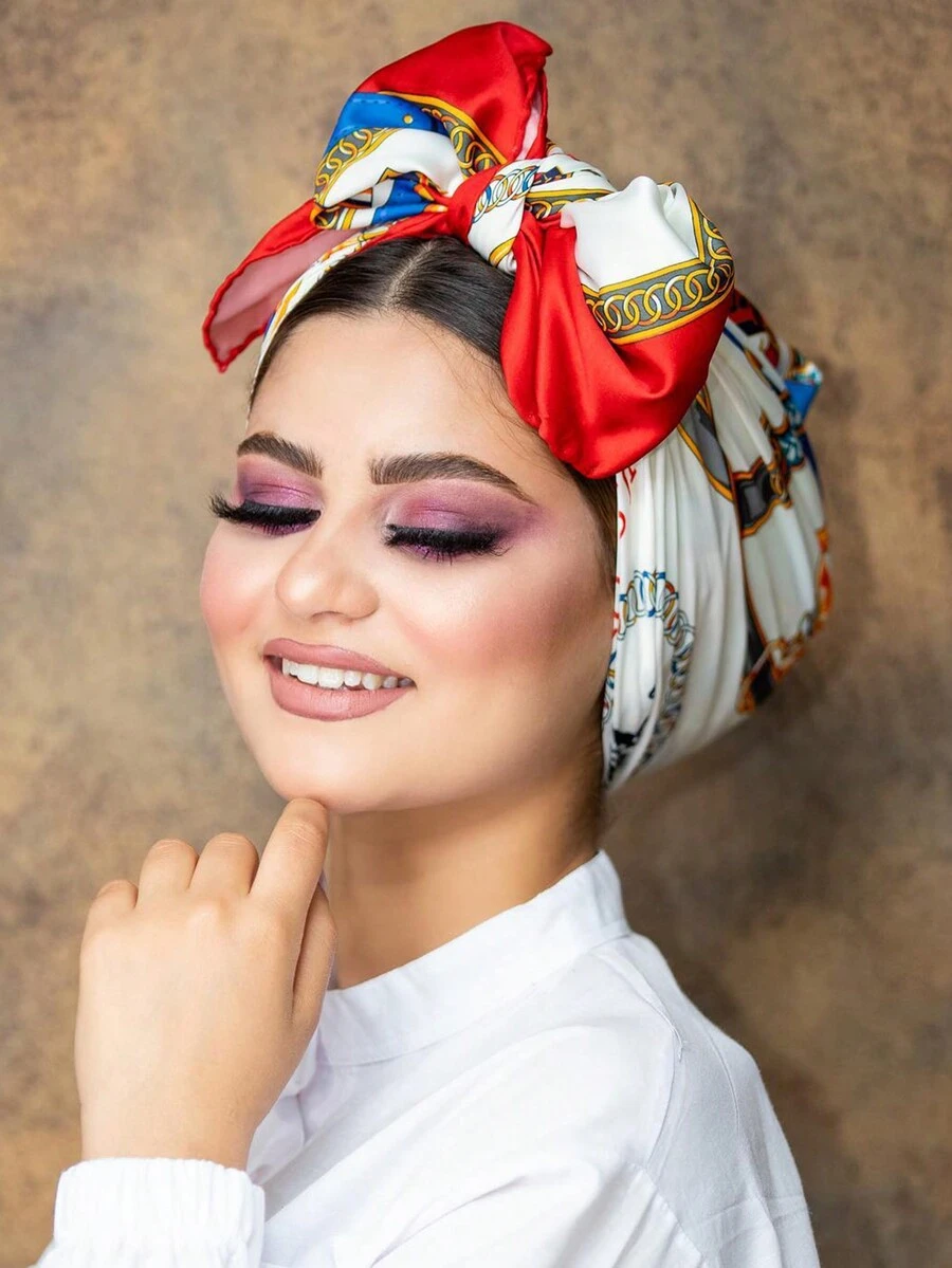 1pc Women's Satin Printed Square Scarf, Chain Pattern Headscarf Bandana Hijab - Red - View 1