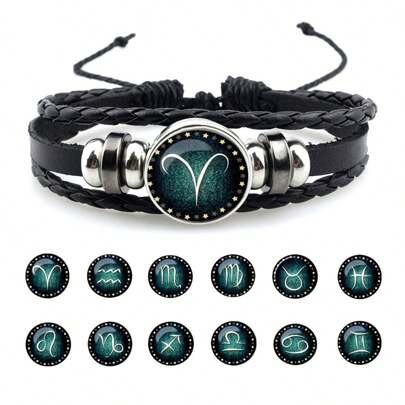 Stjärntecken Syntetiskt ädelstensarmband, pärlorp och PU-läder 12 konstellationer flätat armband