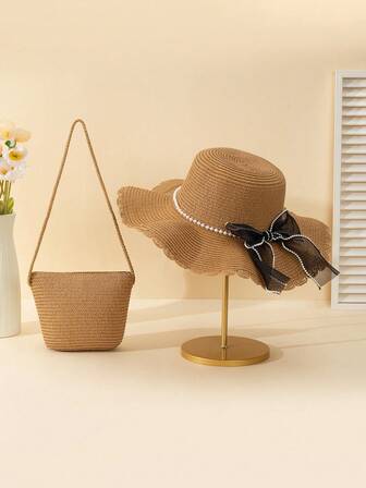 2 件/套：复古珍珠网眼蝴蝶结装饰波浪风格宽边沙滩太阳帽 + 卡其色草编斜挎包，适合户外旅行、沙滩度假、防晒