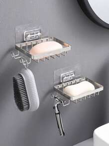 1pc Multipurpose Stainless Steel Storage Shelf With Hooks For Toiletries Placement, Soap, Etc. Home Bathroom Decor Summer - Black - View 4