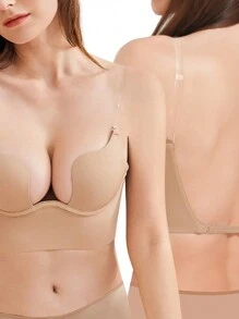 女士深V厚墊推擠胸罩，帶防滑透明肩帶和露背設計 - 黑色 - 查看 2