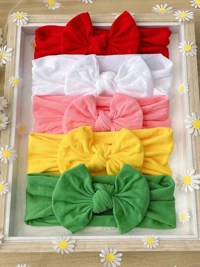 5pcs Newborn Soft Elastic Candy Color Bowknot Headband Headwrap Set, Suitable For Daily & Outdoor Use