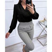 BZB Women's Business Casual Tops Summer Long Sleeve Silk Button Down Shirts V Neck Chiffon Blouses - màu đen - Xem 3