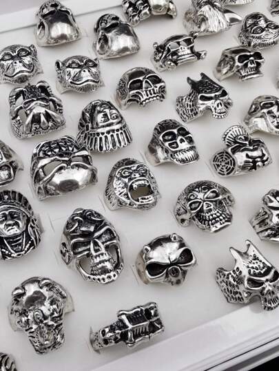 20pcs/Set Vintage Gothic Punk Style Hiphop Skull, Animal Head, Spider, Gorilla Rings Set, Suitable For Men And Women, Elegant Halloween, Christmas, Thanksgiving Holiday, Party, Daily Wear (Random Colors And Styles)