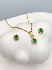 3pcs/Set Fashion Women's 18K Gold Plated Stainless Steel Round Cubic Zirconia Necklace And Earrings Set. Suitable For Christmas, New Year, Birthday, Valentine's Day And Dancing Parties, As Well As Perfect Choice For Wedding, Bohemian Vacation Style,Mom,Mother,Mother's Day,Gift - Green - View 12