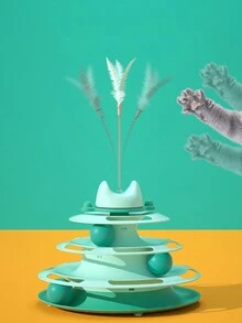 1套自動貓玩具，帶有羽毛誘餌棒的空間轉盤球，適用於消除無聊的寵物貓玩物 - 彩色 - 查看 7