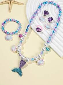 1套美人鱼尾巴仿珍珠吊坠项链、手链、戒指和耳环套装，完美搭配美人鱼派对和服装！美人鱼派对主题小礼物，派对小礼物 - 彩色 - 查看 8