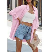 Womens Oversized Button Down Shirts Casual Loose Long Sleeve Solid Lapel Long Blouses Tops With Pockets - Hồng - Xem 4