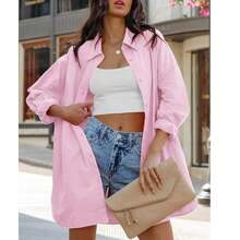 Womens Oversized Button Down Shirts Casual Loose Long Sleeve Solid Lapel Long Blouses Tops With Pockets - Hồng - Xem 3