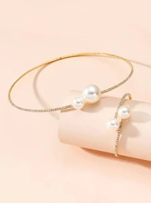 1/2pcs Luxury Rhinestone & Faux Pearl Bracelet & Necklace Set, Suitable For Evening Party