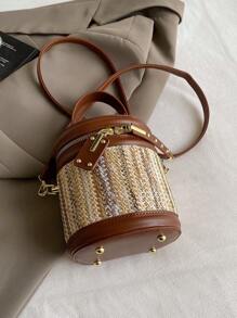 2024 New Summer Mini Brown Round Bucket Woven Bag, Popular Women Crossbody Straw Bag Handbag Bucket Bag
