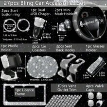 NBTEPEM 27 PCs Black Bling Car Accessories Set For Women, Bling Steering Wheel Covers Universal Fit 15 Inch, Bling License Plate Frame, Bling Phone Holder, Bling Car Coasters - 白色 - 查看 2