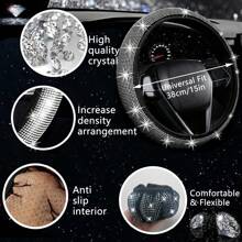 NBTEPEM 27 PCs Black Bling Car Accessories Set For Women, Bling Steering Wheel Covers Universal Fit 15 Inch, Bling License Plate Frame, Bling Phone Holder, Bling Car Coasters - 白色 - 查看 3