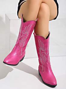 Modische bestickter Leder Western Stiefel für Damen, passen zu Rosa Korsett Plateau-Chelsea Boots mit Chunky Absatz und Punk-Stil, Cowboy Stiefel für Frauen