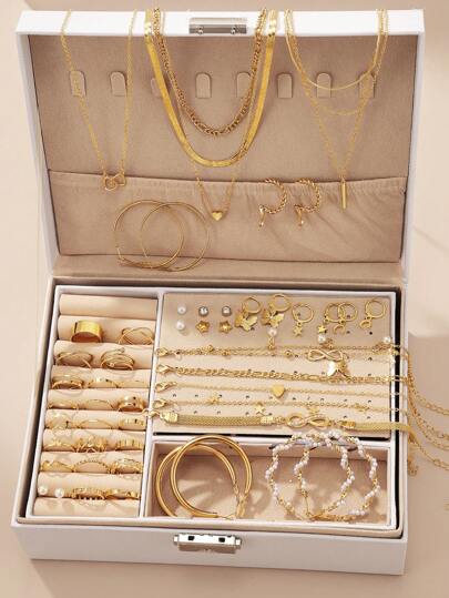 50 件时尚仿珍珠、心形、花朵和蝴蝶装饰首饰套装，适合约会、度假、礼物，适合女性日常佩戴，无盒情人节、妈妈、母亲、母亲节、礼物